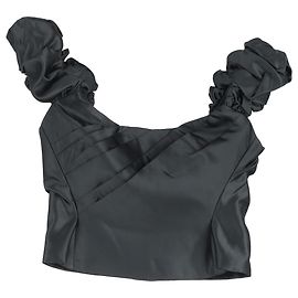 Loveshackfancy Pleated Scrunched Off-Shoulder Crop Top in Black Polyester Black
