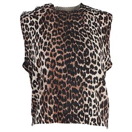 Ganni Suéter sin mangas de lana marrón con estampado de leopardo adornado Castaño