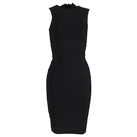 Abito aderente in rayon nero con collo alto e lunghezza al ginocchio Herve Leger Bandage Nero