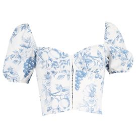 Blauer Leinen-Crop-Top mit Puffärmeln von Reformation Rome Floral Blau Hellblau