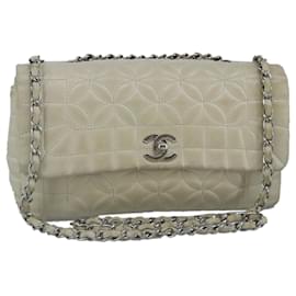 Chanel-CHANEL Chain Flower Stitch Shoulder Bag Lamb Skin Beige Silver CC Auth bs19654-Silvery,Beige