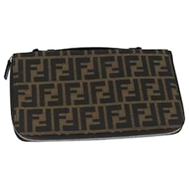 Fendi-FENDI Zucca Canvas Travel Pouch Brown Black gold Auth 99040-Brown,Black,Golden