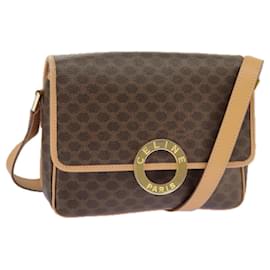 Céline-CELINE Macadam Canvas Shoulder Bag PVC Leather Brown Gold Auth 98423-Brown,Golden