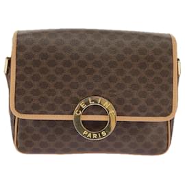 Céline-CELINE Macadam Canvas Shoulder Bag PVC Leather Brown Gold Auth 98423-Brown,Golden