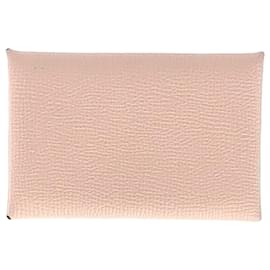 Hermès-Hermes Calvi Card Holder in Light Pink Leather-Brown,Pink