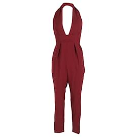 Gucci-Gucci Plunging Halter Neck Jumpsuit in Burgundy Silk-Red,Dark red