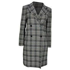 Theory Double-Breasted Plaid Coat in Grey Wool Grey