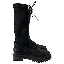 Autre Marque- Porte & Paire Ribbed-Knit Lace-Up High Combat Boots in Black Leather-Black