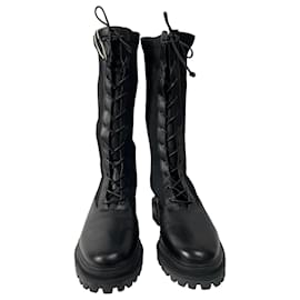 Autre Marque- Porte & Paire Ribbed-Knit Lace-Up High Combat Boots in Black Leather-Black