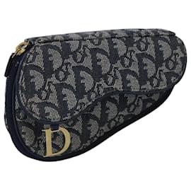 Christian Dior-Christian Dior Trotter Canvas Saddle Pouch Navy Gold Auth 99839-Golden,Navy blue