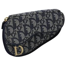 Christian Dior-Christian Dior Trotter Canvas Saddle Pouch Navy Gold Auth 99839-Golden,Navy blue