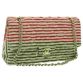Chanel-CHANEL Matelasse Chain Border Shoulder Bag Canvas Red Gold beige CC Auth 98535-Red,Beige,Golden