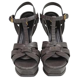 Saint Laurent-Saint Laurent Gray Lizard Emboosed Platform Tribute Sandals-Other