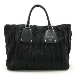 Prada Gathered Nylon Leder Tote Bag BN1232 Schwarz