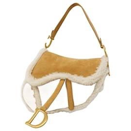 Christian Dior-Christian Dior Beige and White Mouton Saddle Handbag-White,Beige