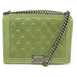 Chanel-CHANEL GRAND BOY QUILTED LEATHER GREEN SHOULDER BAG PURSE HAND BAG-Green