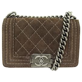 Chanel-CHANEL SMALL BOY BAG A67085 BROWN SUEDE SHOULDER PURSE HANDBAG-Brown