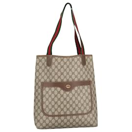 Gucci-GUCCI GG Supreme Web Sherry Line Tote Bag PVC Beige Gold 002 123 6487 Auth 98704-Beige,Golden