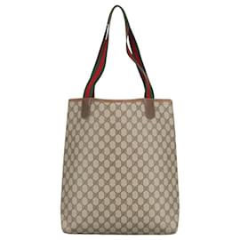 Gucci-GUCCI GG Supreme Web Sherry Line Tote Bag PVC Beige Gold 002 123 6487 Auth 98704-Beige,Golden