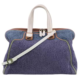 Fendi-Fendi Chameleon Denim & Leather 2Way Boston Hanbag in Navy Blue 8BL110-Cream