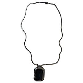 Collier Dior Art Déco Pendentif Métal Doré Pierre Noire Noir Doré Gris anthracite