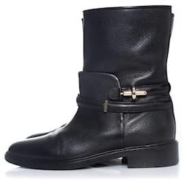 Balenciaga-black grained leather biker boots-Black