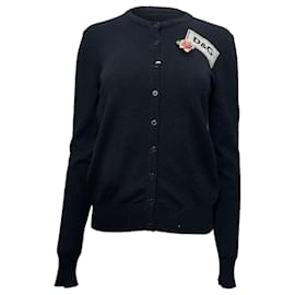 Dolce & Gabbana-Dolce & Gabbana Logo with Flower Brooch Cardigan in Black Wool-Black