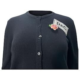 Dolce & Gabbana-Dolce & Gabbana Logo with Flower Brooch Cardigan in Black Wool-Black