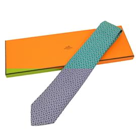 Hermès-Gravata de seda Hermès em azul e verde-Azul,Verde