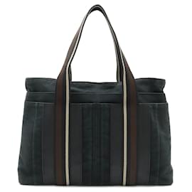Hermès-Sac tote en toile et cuir Hermès noir marron beige-Noir
