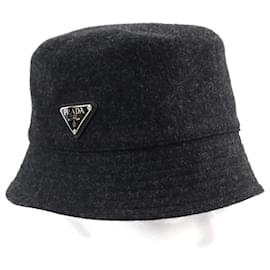 Prada-Prada Wool Cotton Triangle Logo Bucket Hat-Grey