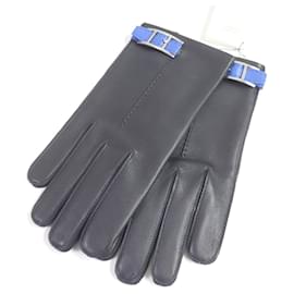 Hermès-HERMES Leather Silk Gloves Dark Navy-Blue