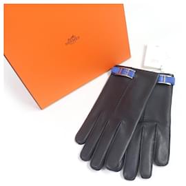 Hermès-HERMES Leather Silk Gloves Dark Navy-Blue