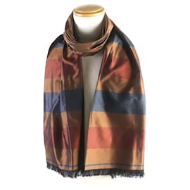 Hermès-HERMES Silk Stripe Fringe Scarf Brown Red Navy-Brown