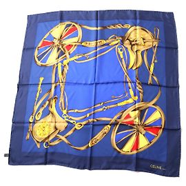 Céline Celine Vintage Silk Scarf Horse Harness Pattern Blue
