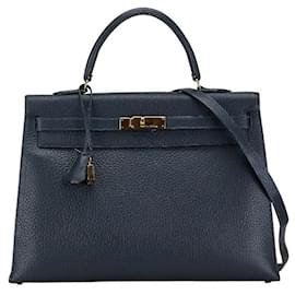 Hermès-Sac à main Hermes Kelly 35 2WAY Marine Or-Bleu