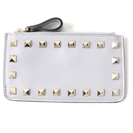 Valentino Garavani-Valentino Rockstud Leather Coin/Pass Case with Key Ring-Grey