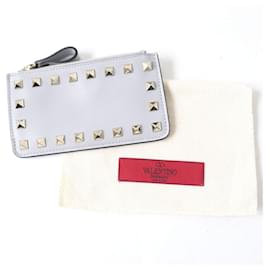 Valentino Garavani-Valentino Rockstud Leather Coin/Pass Case with Key Ring-Grey