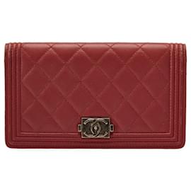 Chanel-Chanel Boy Long Wallet Wine Red Leather-Red