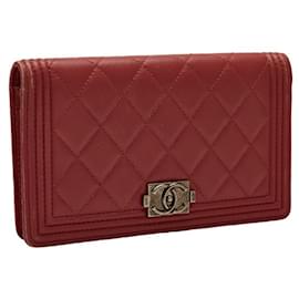 Chanel-Chanel Boy Long Wallet Wine Red Leather-Red