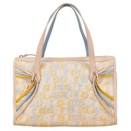 Fendi-Fendi Zucchino Canvas Leather Handbag Tote-Brown,Beige