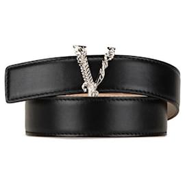 Versace-Versace Virtus V Logo Leather Belt Black-Black