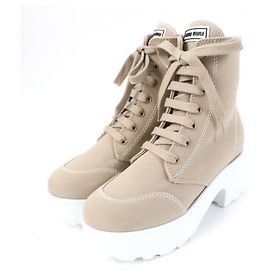 Stivali in tela con lacci e logo Miu Miu Beige