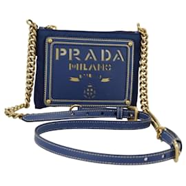 Prada-PRADA Chain Accessory Pouch Nylon Blue Gold Auth 98103-Blue,Golden