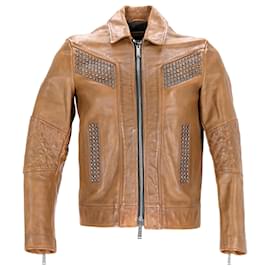Dsquared2-Dsquared2 Studded Vintage Effect Jacket in Brown Leather-Brown
