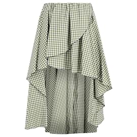 Autre Marque- Caroline Constas Adelle Gingham Midi Asymmetric Skirt in Green Cotton-Green