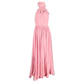 Elie Saab Kleid aus rosa Seide mit Blättern Braun Pink