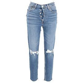 Re/Done Ripped Buttoned Slim-Fit Jeans in Blue Cotton Denim Blue Light blue
