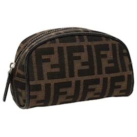 Fendi-FENDI Zucca Canvas Pouch Brown Black Silver Auth fm4030-Brown,Black,Silvery