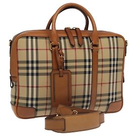 BURBERRY Nova Check Business Bag Nylon 2way Beige Gold Auth 98716 Beige Golden